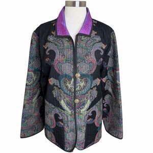 ANU Wool Silk Quilted Jacket L Paisley Art to Wear Boho Iridescent Black Purple